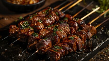 Grilled meat on skewers on a wooden table, close-up