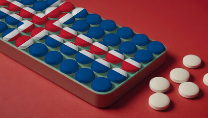 A tray of pills decorated with the Iceland flag design sits on a red background, symbolizing healthcare and medicine in the Iceland