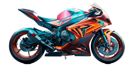 bright reflective colorful racing motorcycle isolated cut out on .PNG transparent background