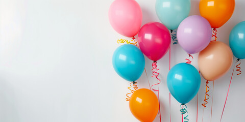 Photo of colorful balloons on a white background, for a birthday party concept. Web banner with empty space on the right, in the style of copyspace