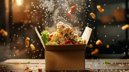 A box of food is being thrown into the air