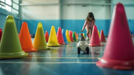 Little Daredevil Maneuvering Toy Car Around Traffic Cones