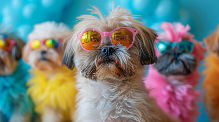 A group of dogs wearing sunglasses and colorful clothing