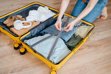 Hand, woman and suitcase for travel, adventure and holiday before leaving for vacation