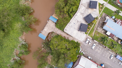 drone view from above the river and town
