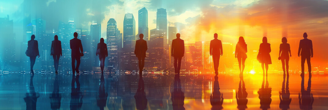 Business team united in front of a cityscape with office towers, symbolizing the success of joint efforts and collaboration. Abstract image reflecting employee teamwork.