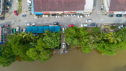 drone view from above the river and town