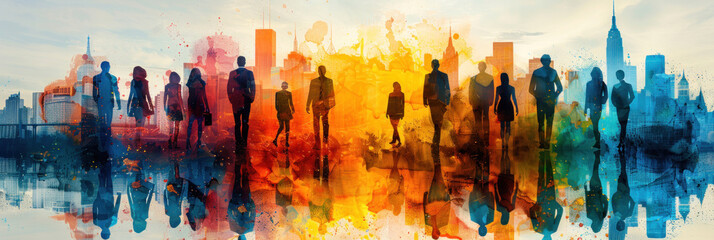 Obraz premium Business team united in front of a cityscape with office towers, symbolizing the success of joint efforts and collaboration. Abstract image reflecting employee teamwork.