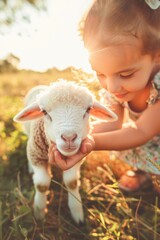 a small child is playing with a sheep. Selective focus