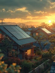 Obraz premium Sunset view of suburban houses with solar panels on rooftops, surrounded by lush greenery and a beautiful sky backdrop.