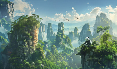 Lonely panda sits on high cliff in Zhangjiajie national park in China, AI generative