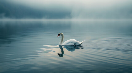 Lonely white swan swims in the lake with fluffy fog background, AI generative