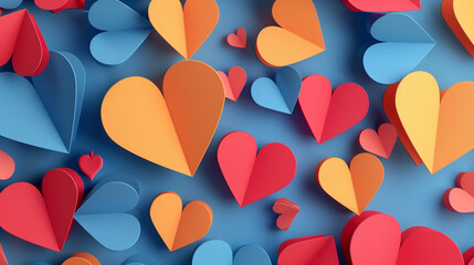 Colorful paper hearts for background on blue floor, AI generative