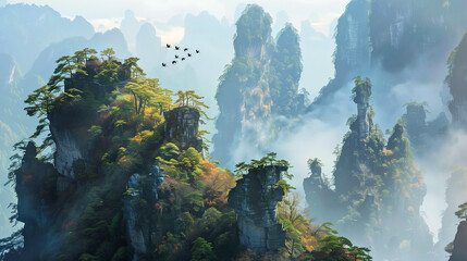 High rock peak and trees in Zhangjiajie national park in China, AI generative