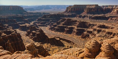 A wide perspective of a canyon in the desert showcasing its vast expanse and rugged terrain under a clear sky