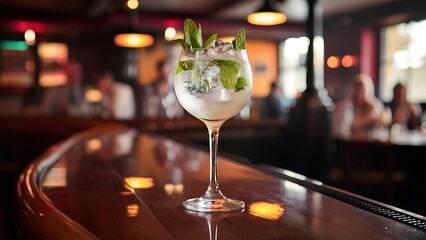 Obraz premium tonic alcoholic cocktail with ice and mint. Cocktail drinks served at restaurant, pub or bar