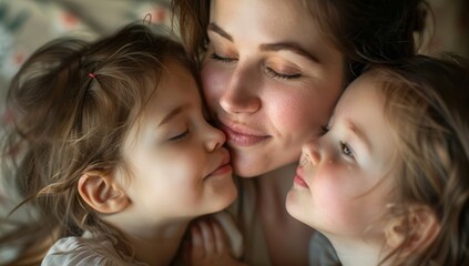 Heartwarming portrait of a happy mother with her two little daughters sharing a joyful, affectionate moment together.