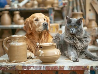 At a busy pottery studio a Golden retriever and blue Maine Coon try their paws at spinning clay