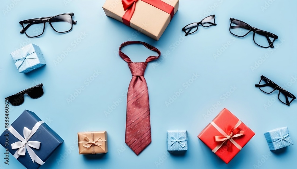 Fototapete happy father's day card with product display cylindrical shape and gift box for dad on blue backgrou