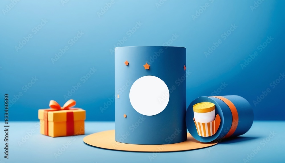 Fototapete happy father's day card with product display cylindrical shape and gift box for dad on blue backgrou