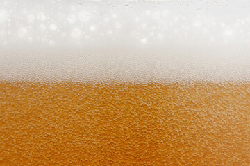 Beer. Pouring beer with bubbles froth in glass for background. Glass of fresh and cold beer with...