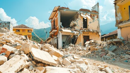 Fototapeta premium an earthquake, showing damaged buildings and displaced debris amidst the chaos.