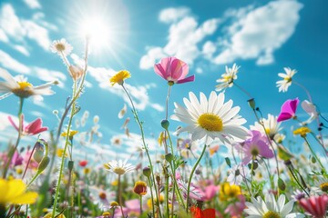 Fototapeta premium Wild flowers at summer meadow. Close up bottom view. Idyllic beautiful cosmos flower field. Natural colorful panoramic landscape with many wild flowers of daisies against blue sky. Poppies, cornflower
