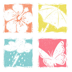 Linocut Spring Elements Vector Graphic Illustration Design