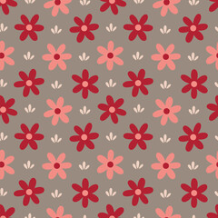 Cute Spring Flowers on Taupe Seamless Pattern Design