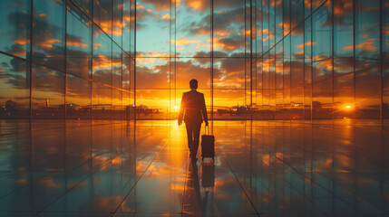 Businessman walks confidently with a travel bag at the airport.