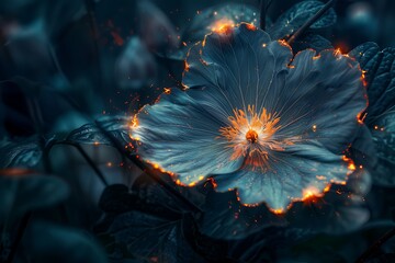 A mystical flower with glowing edges in a dark forest