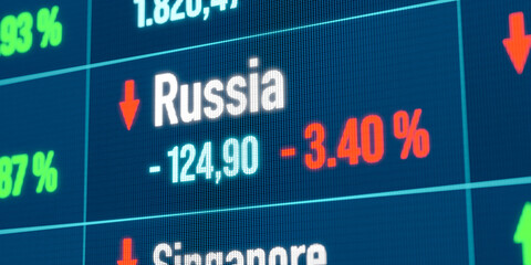 Russia falling stock market. Recession, negative trend, bear market, stock market crash, financial markets, loss.