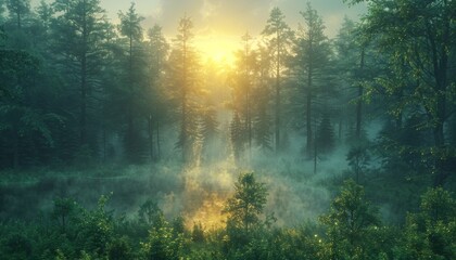 Obraz premium Enchanting sunrise over a misty forest landscape, with sunlight filtering through the trees and illuminating the dense vegetation.