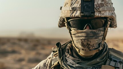 Close-Up Portrait of a Soldier in Full Camouflage Gear in a Desert Environment