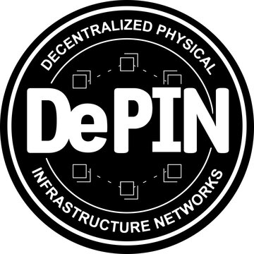 DePIN asset, icon of Decentralized Physical Infrastructure Network as a coin token. White and black, dark background.