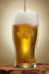 Beer. Glass of fresh and cold beer with drops. Pouring craft beer. Shallow depth of field
