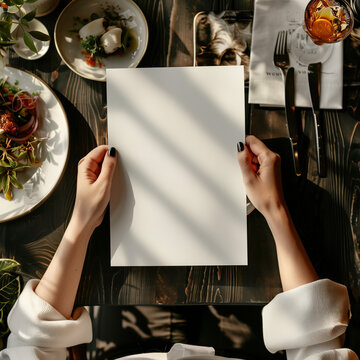 POV view, front views, blank menu, restaurant menu in the woman hands, mockup view 
