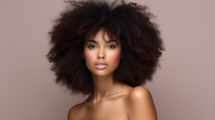 Fototapeta premium Stunning beauty portrait of an african american woman with curly hair, radiating confidence and natural beauty.