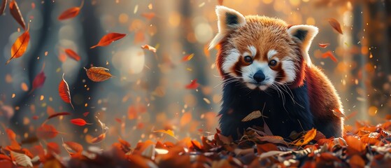 Adorable red panda on a forest floor with autumn leaves, looking curious and playful