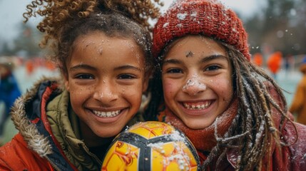 Two young friends, one with curly hair and the other with dreadlocks, pose for a photo while holding a soccer ball. It's snowing outside and they are both wearing winter clothes.