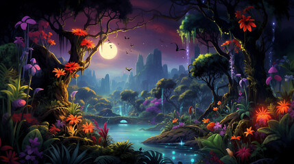 Fototapeta premium Enchanted Forest Moonlight with Exotic Flora