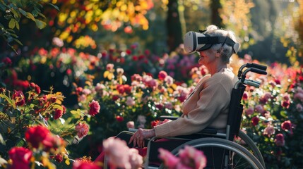 Elderly woman in wheelchair with VR headset enjoying vibrant garden filled with pink flowers