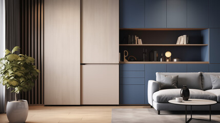 Contemporary Living Room with Blue and Wood Accents