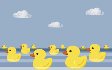 Holiday National Rubber Duck Day. Yellow cute ducklings swim on the sea waves. Vector.