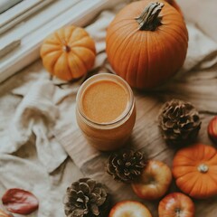 Fototapeta premium A jar of orange liquid sits on a wooden table next to a pile of orange pumpkins