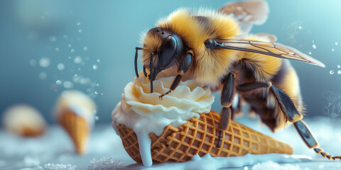Meme or banner with bumblebee or bee eating a white ice cream cone amidst falling snow on a soft blue background, highlighting a playful and creative theme. for environmental or dessert themes