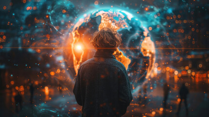 A businessman navigates digital pathways to optimize international growth. Interactive holographic globe reveals global strategy insights.