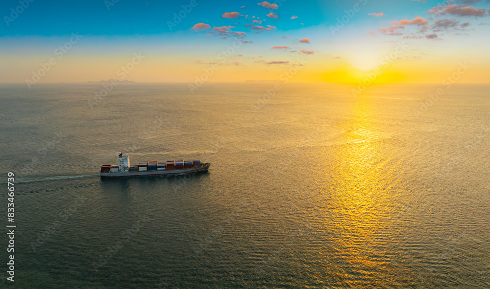 Wall mural aerial view of the freight shipping transport system cargo ship container. international transportat