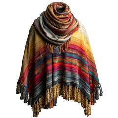 Colorful striped poncho with fringe and a high neck. isolated transparent background