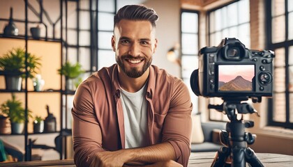 Social media influencer creating content. A man recording a video for his website